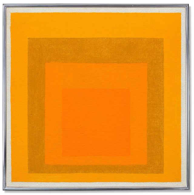 Study to Homage to the Square: Two warm orange with greenish and pale yellow