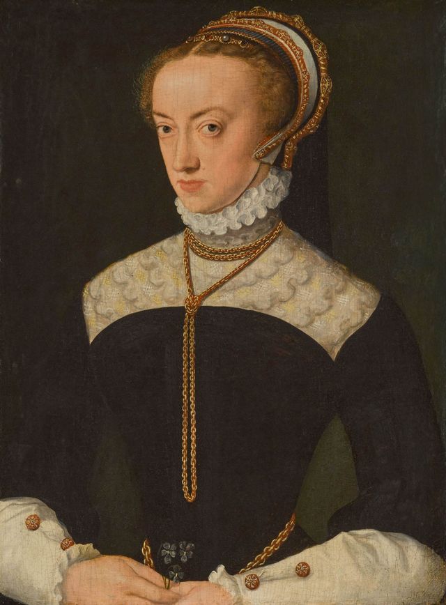 Portrait Of A Lady, Half-length, Wearing A Black Dress With White Lace And A Golden Chain Necklace, Holding Violets