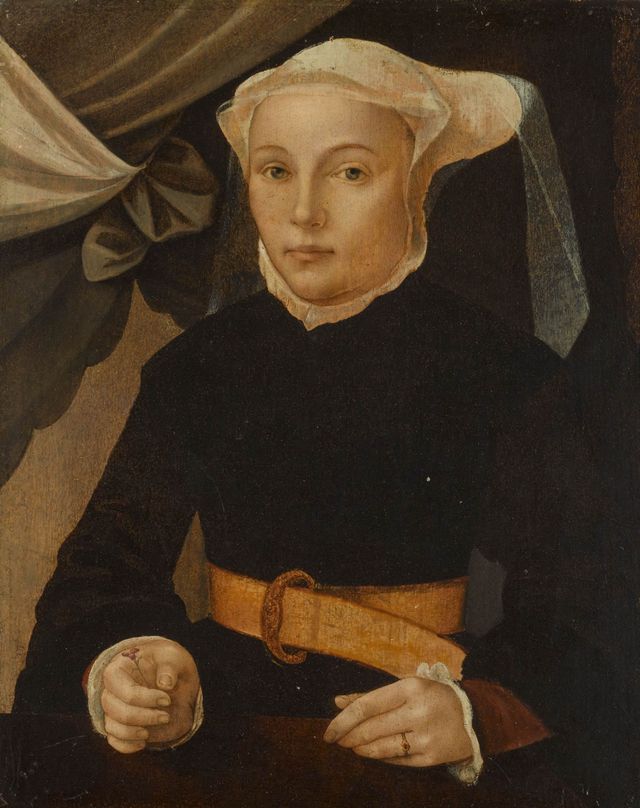 Portrait Of A Lady, Half-length, Wearing A Black Dress With A Leather Belt