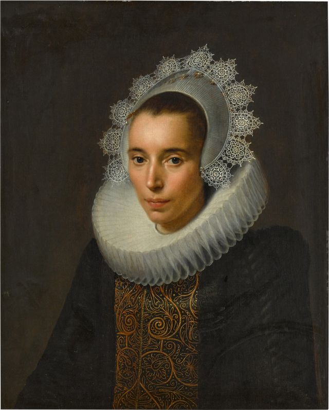 Portrait Of A Lady, Half-length, Wearing A Black Dress With A Gold-embroidered Stomacher, A White Ruff And Lace Head-dress