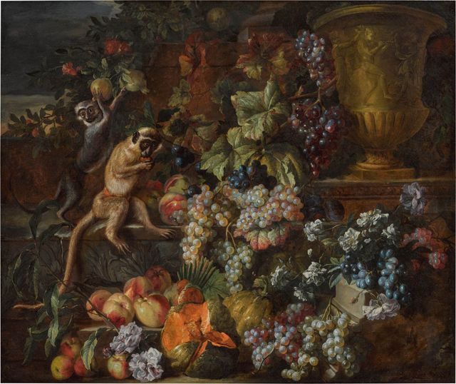 Still Life Of Grapes, Peaches, And Melons Cascading Over A Ledge With Monkeys Picking Pomegranates