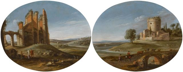 A Pair Of Views Of The Roman Campagna: One Depicting The Tomb Of The Plauti And Ponte Lucano; The Other The Edge Of The Colosseum