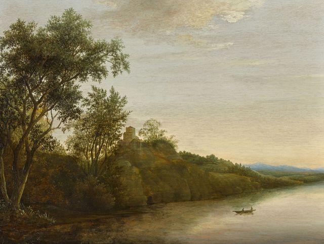 River Scene With Figures On A Boat