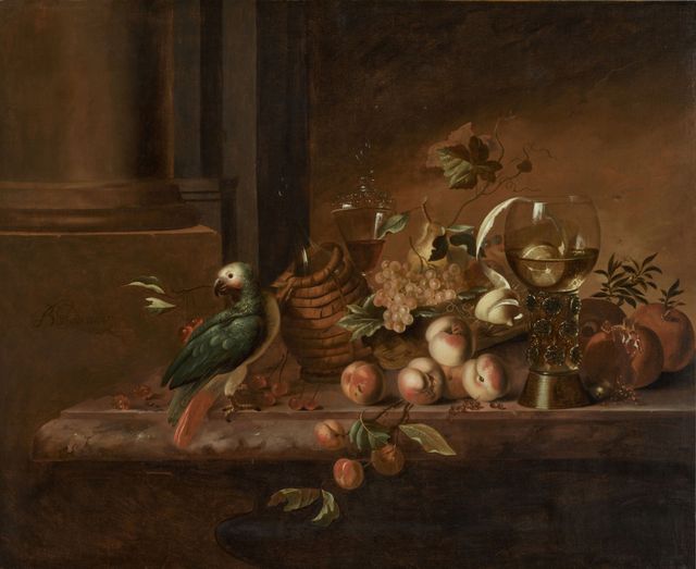Still Life With A Roemer, Peaches, Grapes, Cherries, Pomegranates And A Pear On A Ledge With A Grey Parrot