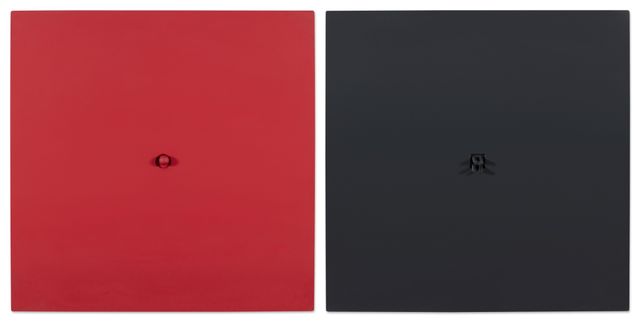 Une Boule Rouge Sur Un Fond Rouge; Quatre Bâtons Noirs Sur Un Fond Noir