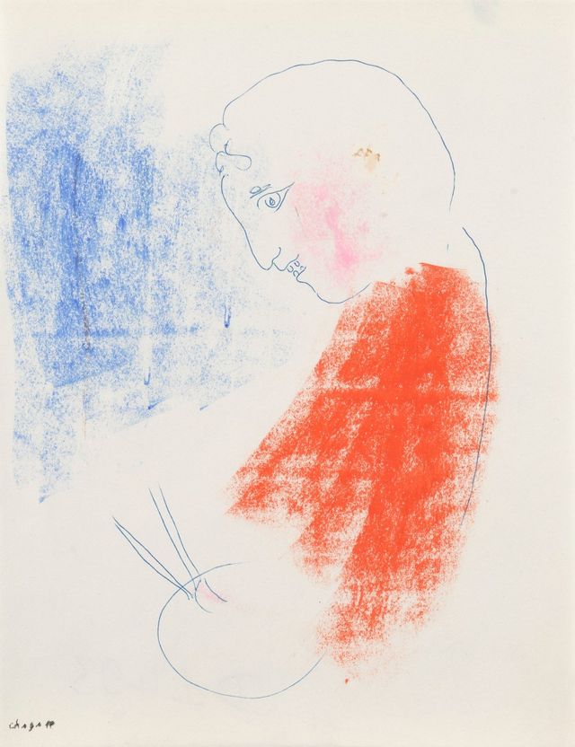 Peintre de profil en rouge et bleu