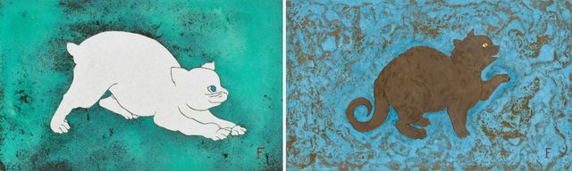 White Cat; & Kitten, blue and gold background