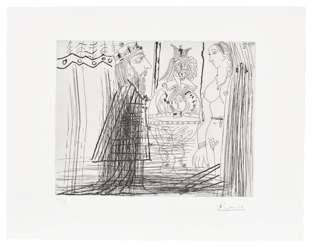 Scène biblique (David et Bethsabée?), avec bouffon au chapeau à deux cornes (Biblical Scene (David and Bathsheba?), with Jester in Two-Pointed Hat), plate 334 from Série 347 (Bl. 1814, Ba. 1831)