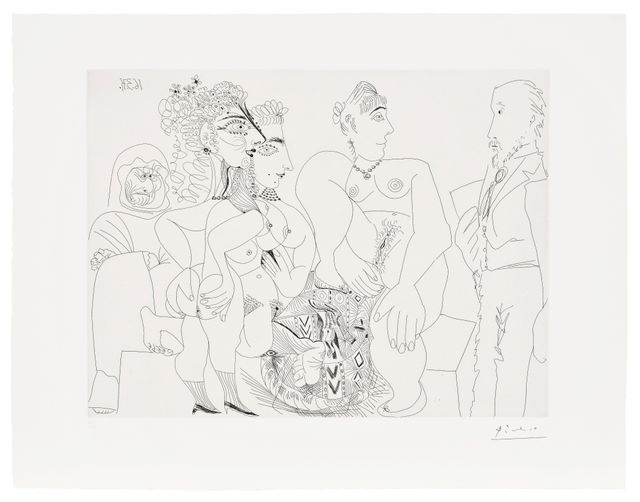 Maison close, Degas avec son album, Célestine, trois filles, et un pouf Marocain (Brothel, Degas with his Album, Célestine, Three Ladies, and a Moroccan Pouf), plate 87 from Série 156 (Bl. 1942, Ba. 1951)