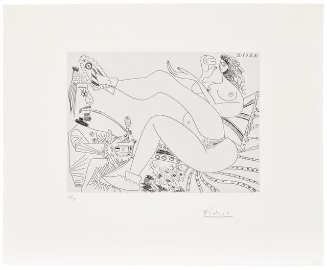 Fumeur d'opium, femme en pantoufles sur son lit et petit chien (Opium Smoker, Woman in Slippers on Her Bed and Small Dog), plate 284 from Série 347 (Bl. 1764, Ba. 1781)