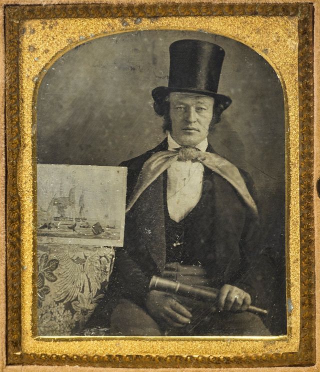 Man with Telescope and Illustration of a Whaling Ship, c. 1850