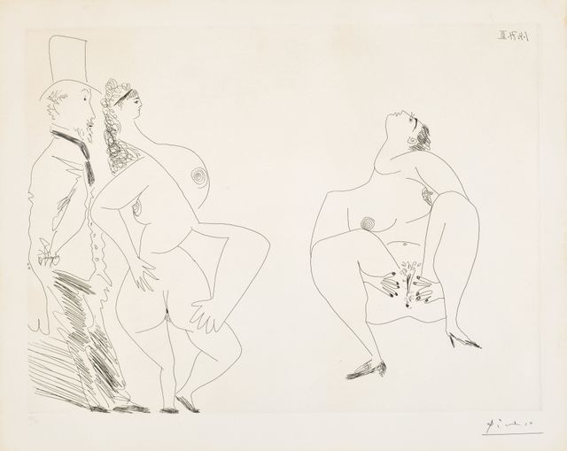 Degas, les mains dans les poches, et deux filles (Degas, Hands in His Pockets, and Two Girls), plate 106 from Série 156 (Bl. 1961, Ba. 1970)