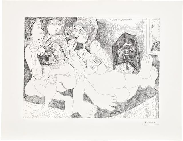 Maison close. Bavardages, avec perroquet, Célestine, et le portait de Degas (Brothel. Gossip, with a Parrot, Bawd, and the Portrait of Degas), plate 109 from Série 156 (Bl. 1964, Ba. 1973)