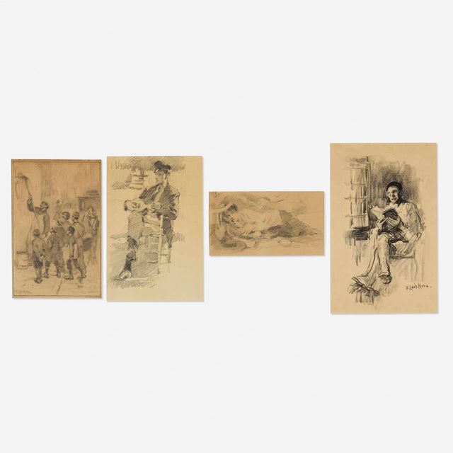 Poster Hanger with Boys; Man Playing Mandolin; Man Reading; Reclining Woman Reading Book (four works)