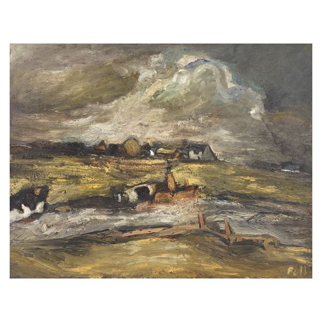 Woman and Cows on a Country Road 70.8 x 91.5 cm. (27 7/8 x 36 in.)