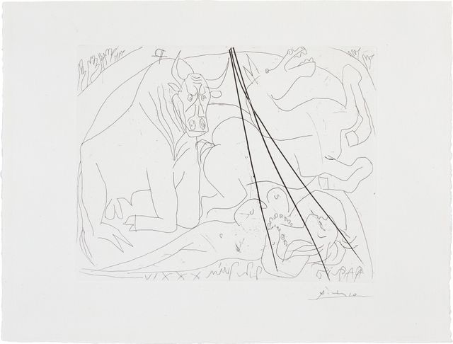 Taureau mourant agenouillé devant femme nue morte, from la suite Vollard (B. 221; Ba. 427)