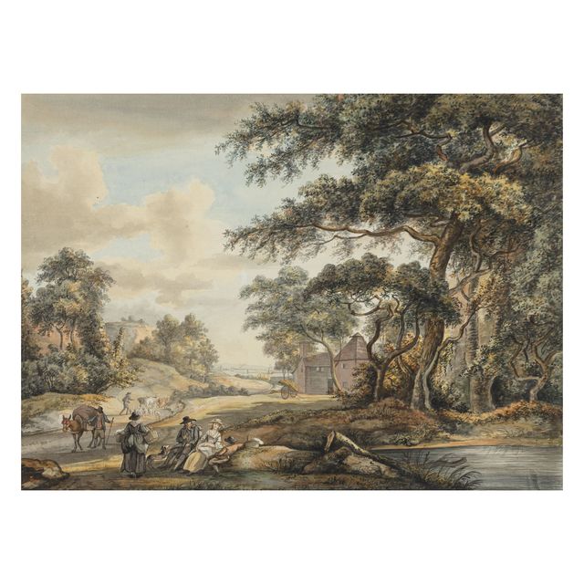 A drover and livestock in a wooded landscape with travellers resting nearby, an estuary in the distance