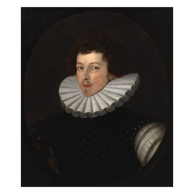 Portrait of Sir Henry Kingsmill (1587-1625), bust length, in a black and gold doublet and white ruff, within a painted oval