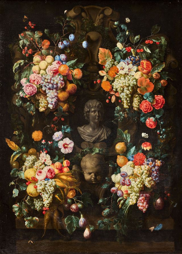 A garland of grapes, cherries, plums, figs, lemons, roses, carnations and other fruit and flowers surrounding a stone niche with the bust of young boy and the head of a putto