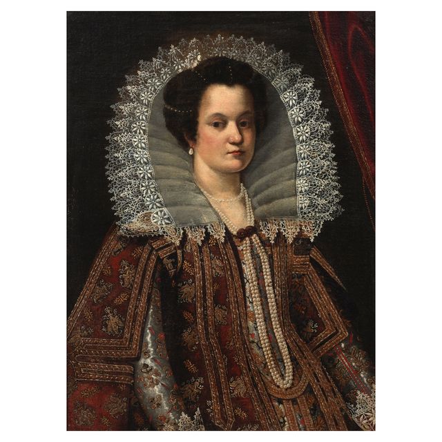 Portrait of a noble lady, possibly Margherita di Cosimo II de' Medici, half-length, in embroidered costume with a white lace collar and pearl necklace