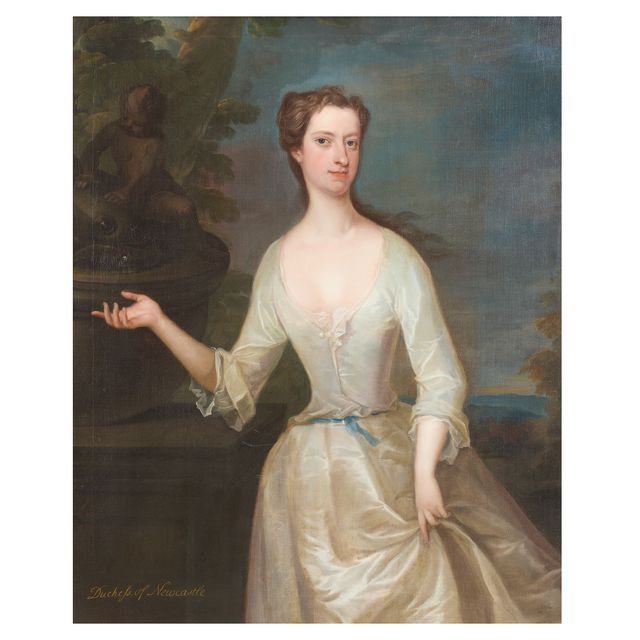 Portrait of Henrietta Pelham-Holles, Duchess of Newcastle-upon-Tyne, three-quarter length, in a white dress