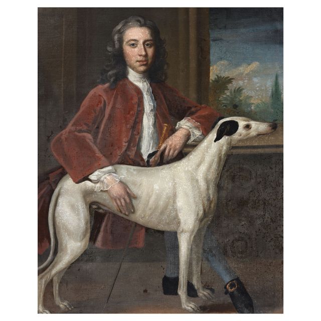 Portrait of a gentleman, seated before a balastrade, his dog before him