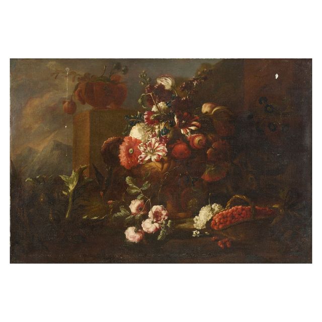 A still life of flowers in a landscape, with rabbits and a basket of raspberries