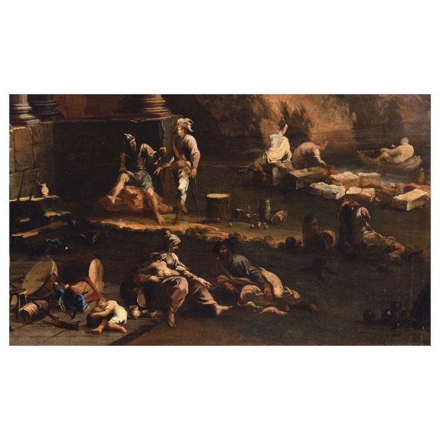 Figures resting by classical ruins on a shore