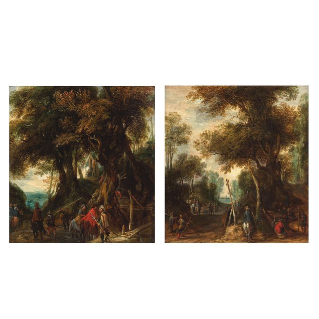 Soldiers and riders fording a stream; and Soldiers and riders on a forest path(2)