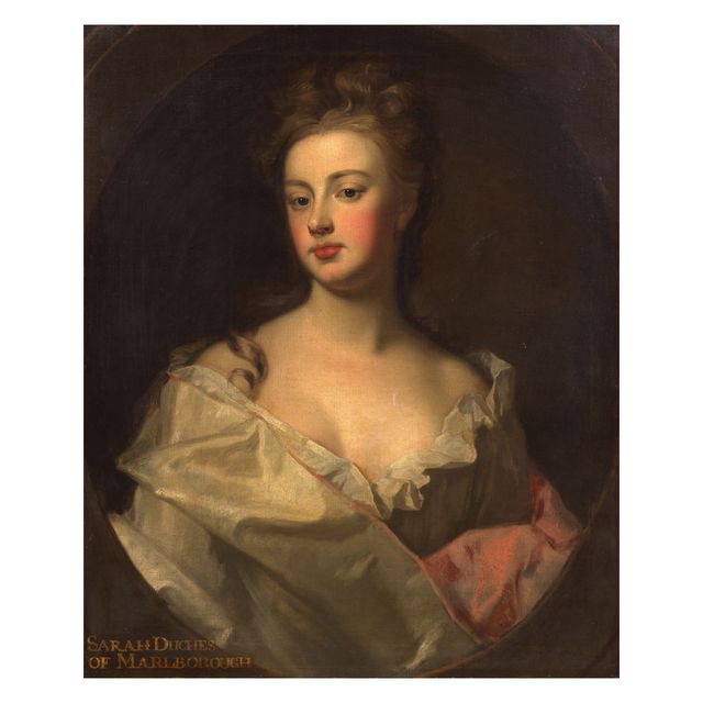 Portrait of Sarah, Duchess of Marlborough (1660-1744), half length, in a white gown, within a painted oval