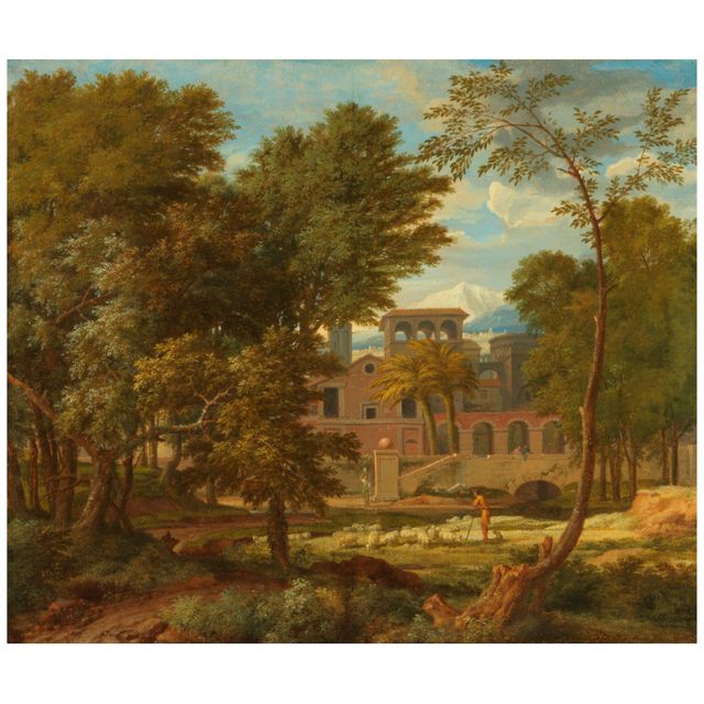 A classical landscape with a shepherd and his flock before ruins