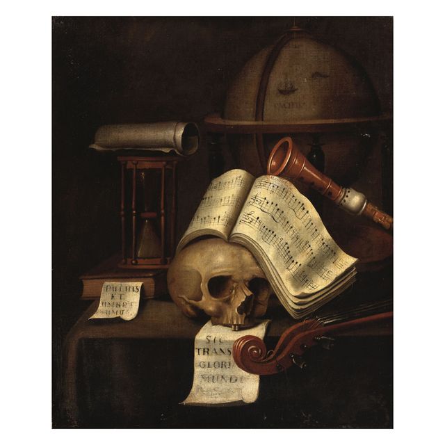A vanitas still life with a skull, globe, musical score and various instruments on a draped table