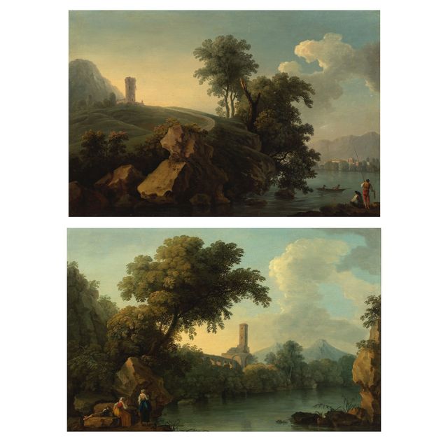 An Italianate river landscape with fishermen in the foreground; and An Italianate landscape with women resting on rocks in the foreground (2)