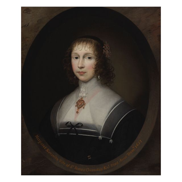 Portrait of Margaret Nevinson, half-length in black costume, within a painted oval