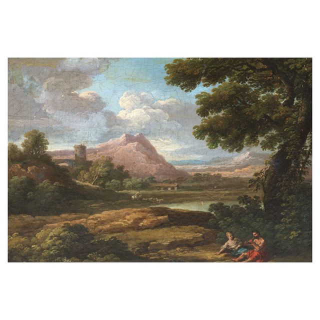 An extensive river landscape with figures in the foreground