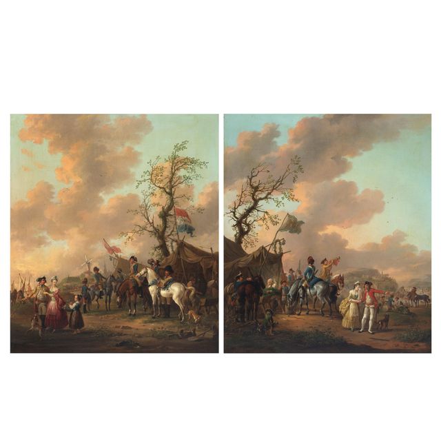 Elegant figures before military encampments (2)