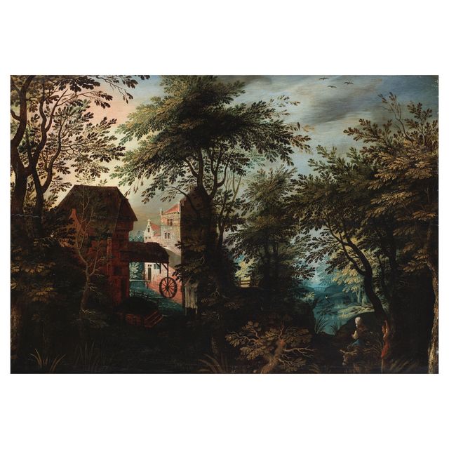 A wooded landscape with travellers before a watermill