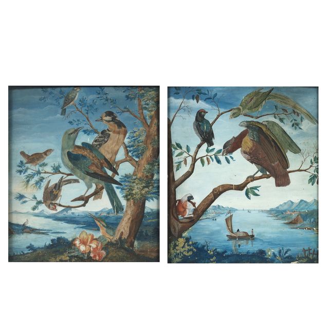 Birds and a monkey perched on a tree in a sub-tropical landscape; and Birds perched in a tree in a sub-tropical landscape (2)