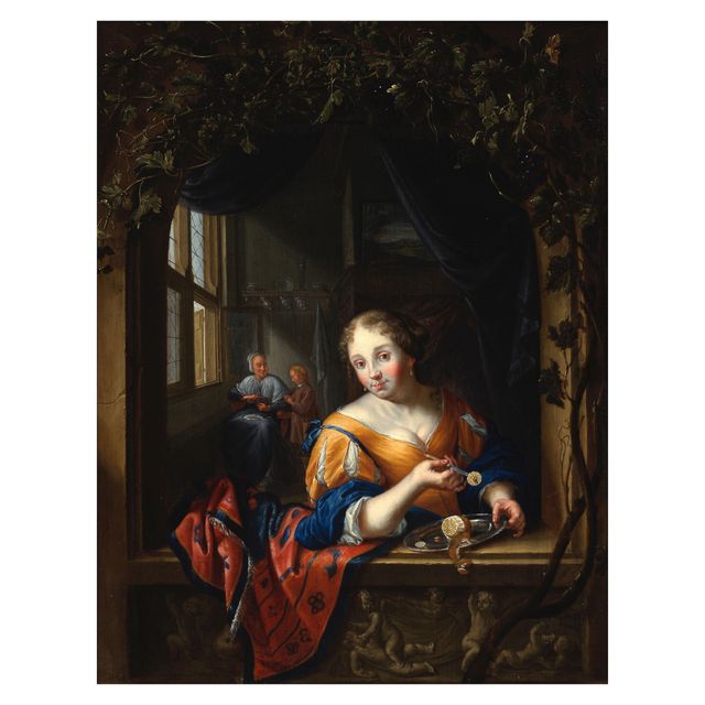 A young woman at a window, holding a silver dish with a peeled lemon
