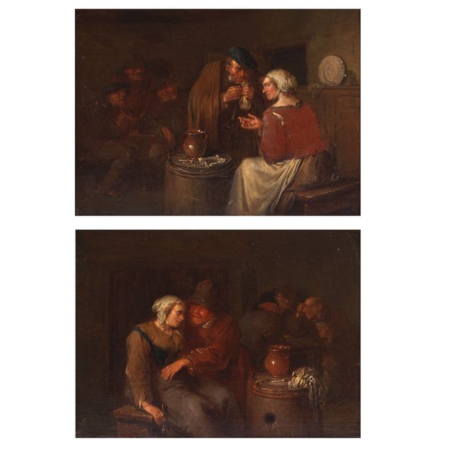 Figures in a tavern interior; and A gentleman handing a bag of money to a woman (2)