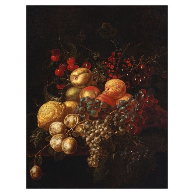 A basket with peaches, lemons, grapes and other fruit, on a stone ledge