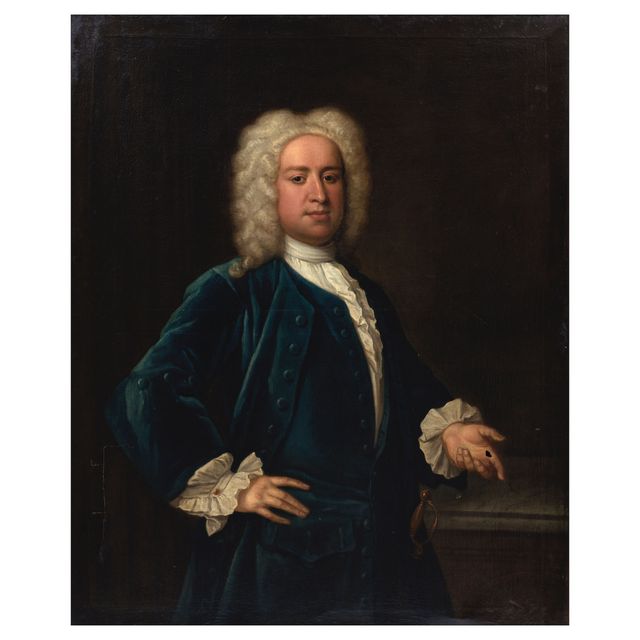 Portrait of a gentleman from the Clarke family, three-quarter length, in a powdered wig and dark blue jacket