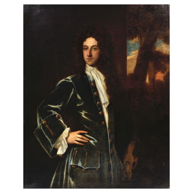 Portrait of a man, said to be the Earl of Rochester, three-quarter length, wearing a dark blue jacket and stood before a landscape