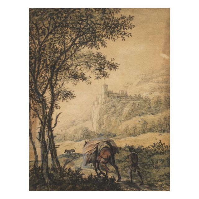 A traveller with a horse and dog in a mountainous landscape