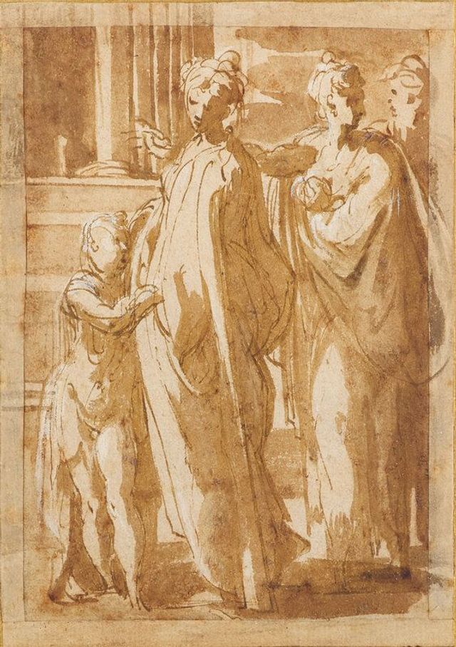 A Group of Figures standing by a Column, Two Women, one with a Baby, the other with a Child, and a Man in the Background
