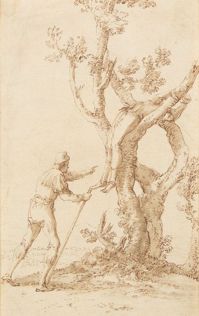 A Figure Tied to a Tree discovered by a Man Walking