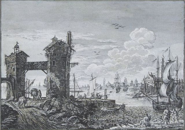 Harbor scene with two towers and various ships, a city in the background