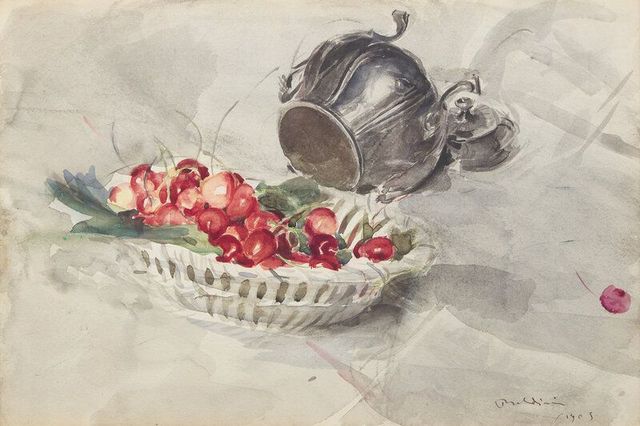 Still Life of a Basket of Cherries and a Silver Sugar Bowl, 1905