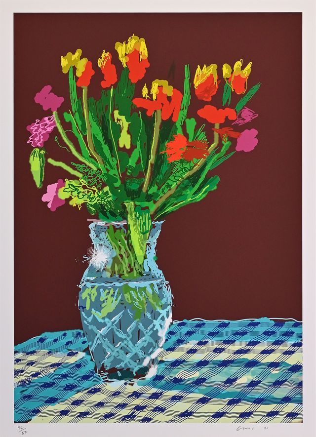 24th February 2021, Red, Yellow and Purple Flowers on a Blue Tablecloth